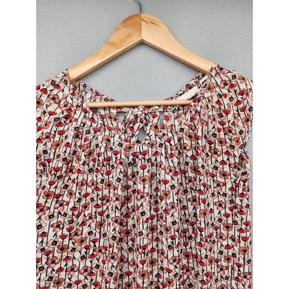 LC Lauren Conrad Floral Cap Sleeve Blouse Orange Pink Poppy Print Tie Back XS - Picture 3 of 11